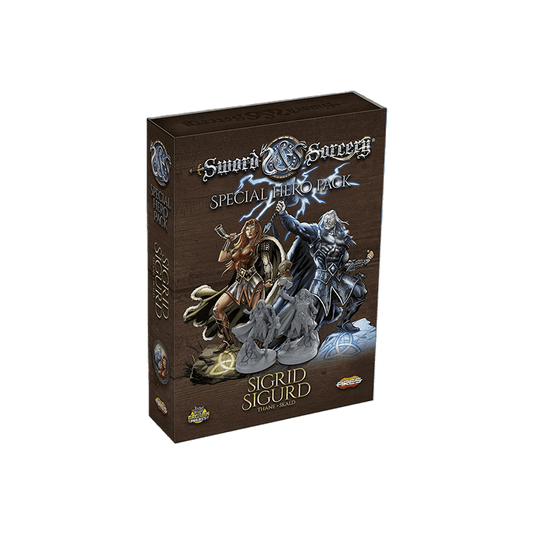Ares Games’ Sword & Sorcery: Ancient Chronicles Sigrid/Sigurd (Thane/Skald) Hero Pack features fantasy artwork and three detailed gray miniatures.