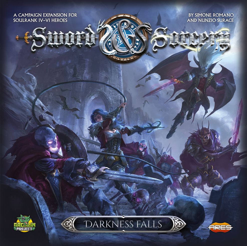The cover art for Sword & Sorcery: Darkness Falls Expansion by Ares Games features armored heroes fighting demonic and undead foes amid a dark, ruined landscape, with swords raised and swirling magic in a dramatic fantasy scene.