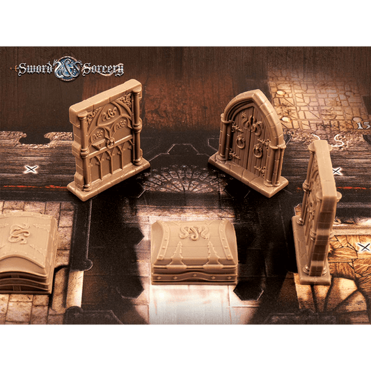 Enhance your next fantasy adventure with the Sword & Sorcery: Doors & Chests Accessory Pack by Ares Games—featuring plastic miniatures of doors, a chest, and a sarcophagus for your dungeon-themed game board.