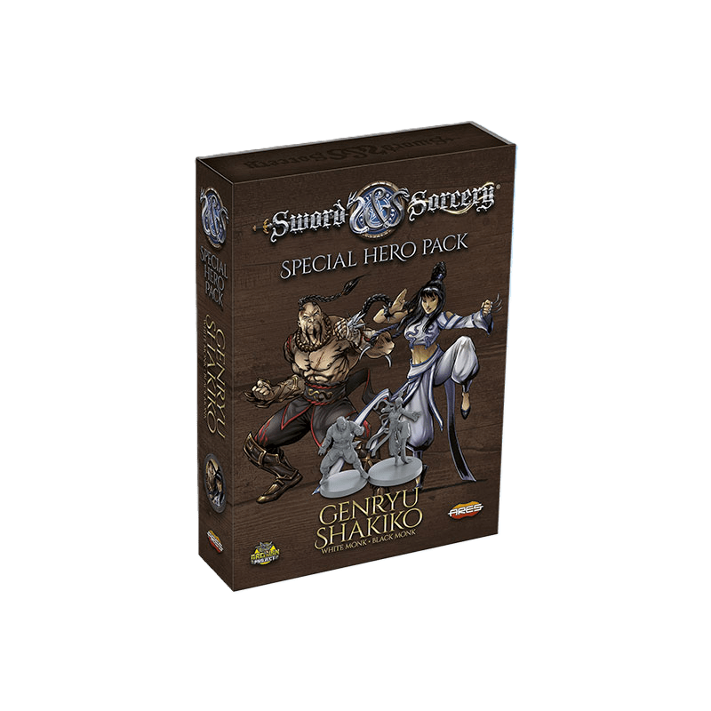 The Sword & Sorcery: Genryu/Shakiko (White/Black Monk) Hero Pack by Ares Games features a box with two characters, including the White/Black Monk and the Asian black lion, plus two miniatures on a dark wooden-themed background.