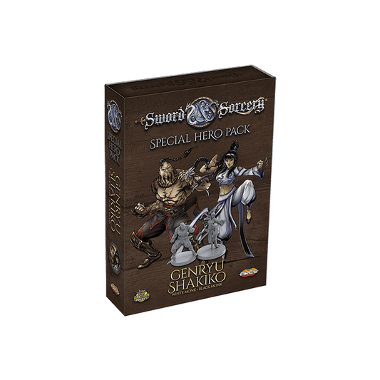 The Sword & Sorcery: Genryu/Shakiko (White/Black Monk) Hero Pack by Ares Games features a box with two characters, including the White/Black Monk and the Asian black lion, plus two miniatures on a dark wooden-themed background.