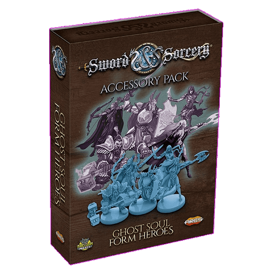 The Sword & Sorcery: Ancient Chronicles Ghost Soul Form Heroes Pack by Ares Games comes in a box featuring illustrations of ghostly characters and blue hero miniatures on the front.
