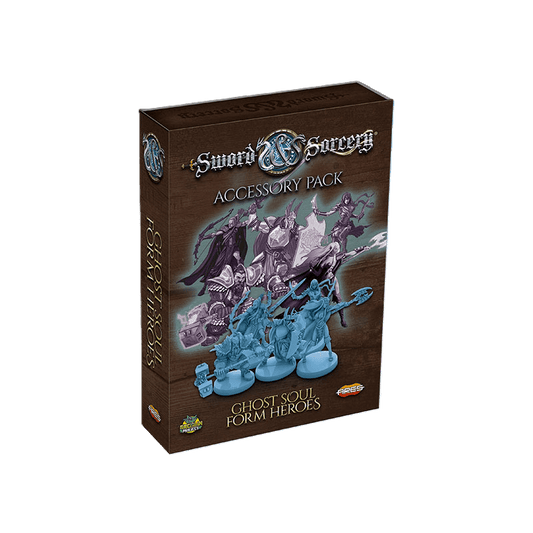 The image displays the Sword & Sorcery: Ghost Soul Form Heroes Pack by Ares Games. The box features fantasy heroes and ghost miniatures, hinting at compatibility with Sword & Sorcery Immortal Souls, set against a wooden background.