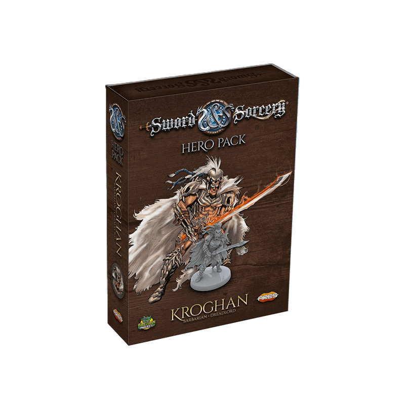 Ares Games' Sword & Sorcery: Kroghan Hero Pack features fantasy art of a barbarian with a flaming sword and fur cape, plus a visible miniature of the hero in a clear window on the front of the box.