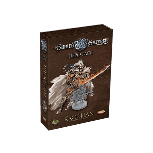 Ares Games' Sword & Sorcery: Kroghan Hero Pack features fantasy art of a barbarian with a flaming sword and fur cape, plus a visible miniature of the hero in a clear window on the front of the box.