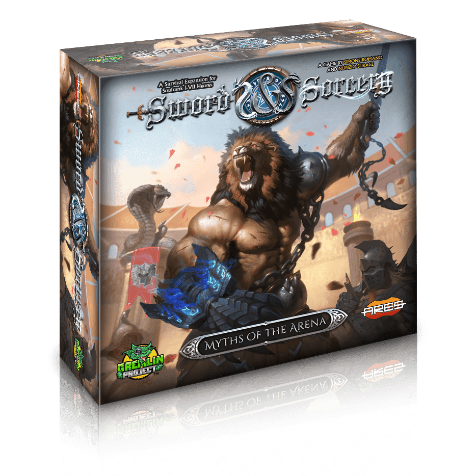 Box art for Sword & Sorcery: Myths of the Arena Expansion by Ares Games shows a muscular lion-headed warrior roaring in an arena and holding a glowing blue weapon.