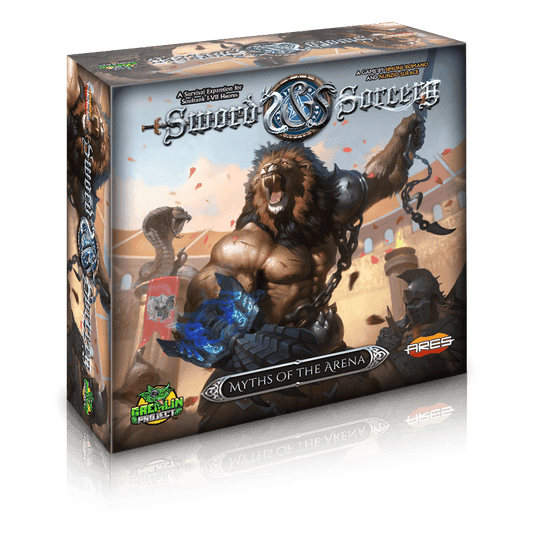 Box art for Sword & Sorcery: Myths of the Arena Expansion by Ares Games shows a muscular lion-headed warrior roaring in an arena and holding a glowing blue weapon.