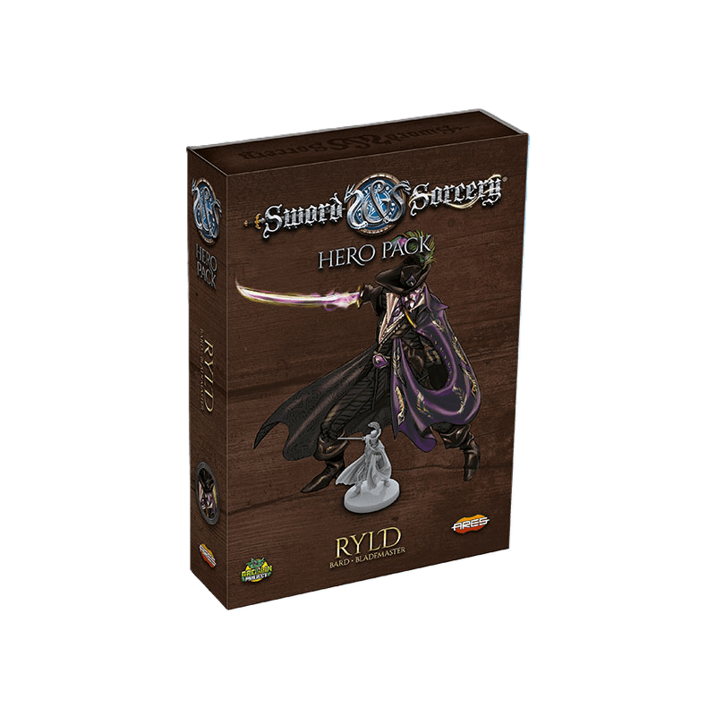 The Sword & Sorcery: Ryld Hero Pack by Ares Games features a box with Ryld the Blademaster illustrated wielding a sword, alongside a miniature figure, set against a dark brown fantasy background.