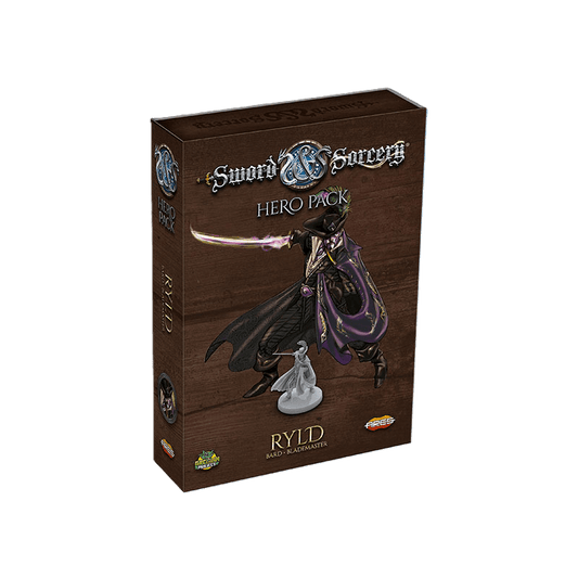 The Sword & Sorcery: Ryld Hero Pack by Ares Games features a box with Ryld the Blademaster illustrated wielding a sword, alongside a miniature figure, set against a dark brown fantasy background.