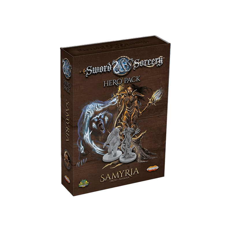 The Sword & Sorcery: Samyria Hero Pack by Ares Games is a boxed expansion featuring a female druid with magical energy and two detailed miniatures on the front cover.