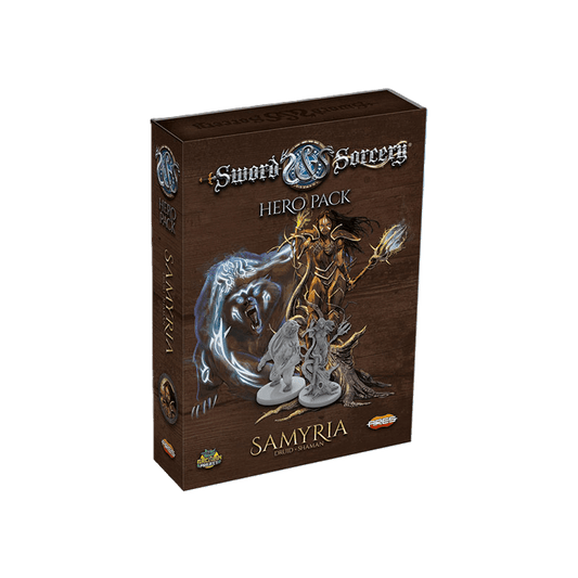 The Sword & Sorcery: Samyria Hero Pack by Ares Games is a boxed expansion featuring a female druid with magical energy and two detailed miniatures on the front cover.