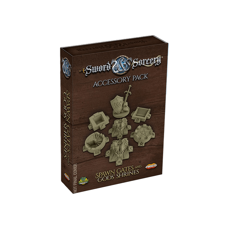 A box of Ares Games’ Sword & Sorcery: Spawn Gates and Gods’ Shrines Accessory Pack, showing 3D spawn gates and shrines for the board game. “Not Final Cover” appears on the box, set against a wooden background.