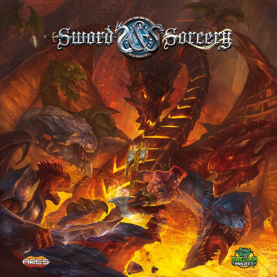 Fierce, colorful dragons battle amid fire and chaos in the epic scene from Ares Games’ Sword & Sorcery: Vastaryous' Lair Expansion, with the title above and swirling magic highlighting this thrilling adventure.