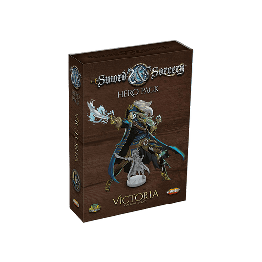 The image displays the Sword & Sorcery: Victoria Hero Pack by Ares Games, featuring a pirate captain hero with a sword and her ghostly cat—perfect for expanding your next adventure in this fantasy board game series.