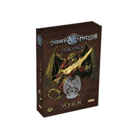 Ares Games’ Sword & Sorcery: Volkor Hero Pack features a Drakonian guard named Volkor, with artwork of a large red dragon and small silver dragon on a wood-style background. The box displays both the front and one side.
