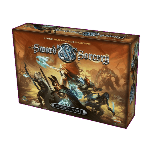A 3D box of Sword & Sorcery Immortal Souls by Ares Games, a cooperative fantasy board game with heroes battling monsters on the cover and highlighting its modular board system.