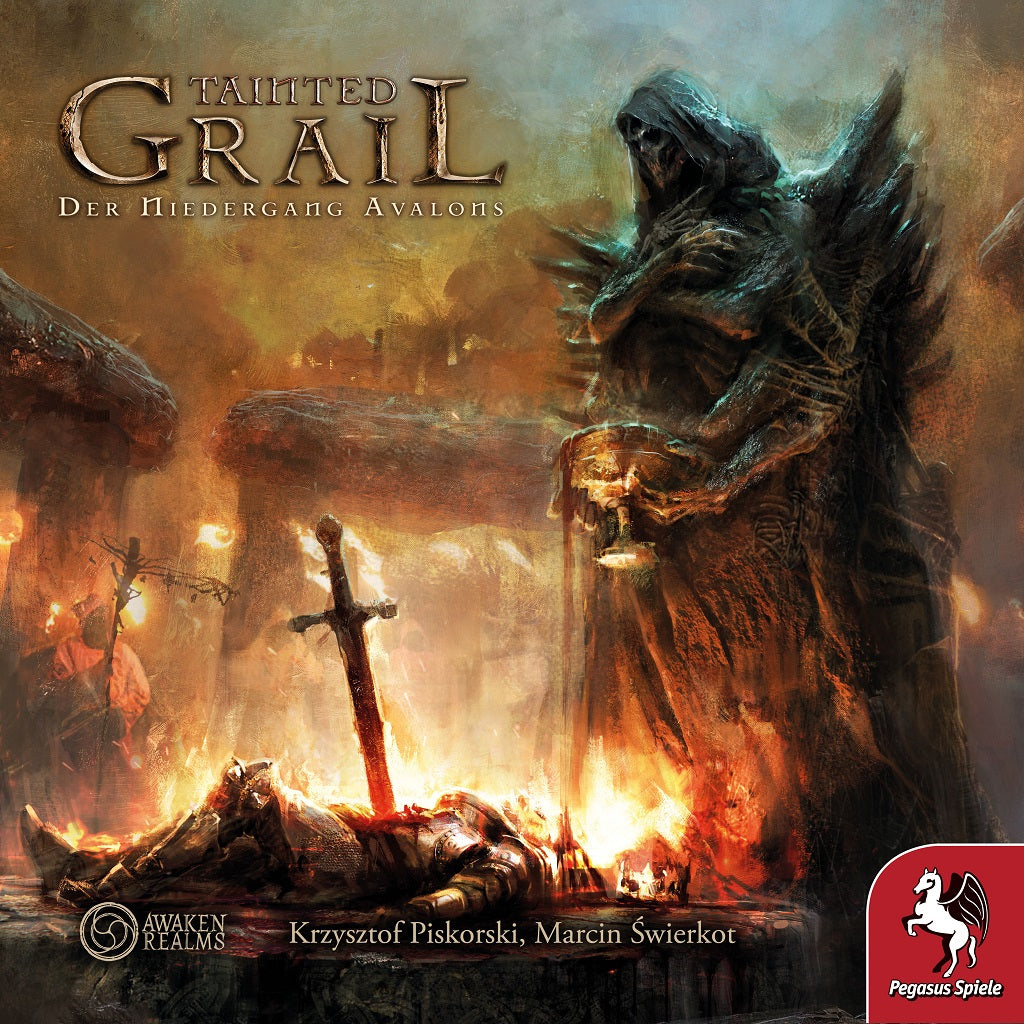 A dark, hooded figure looms over a burning medieval village, capturing the haunting mood of keltische Mythologie. The title "Tainted Grail DE (Deutsche Ausgabe)" by Pegasus Spiele appears above.