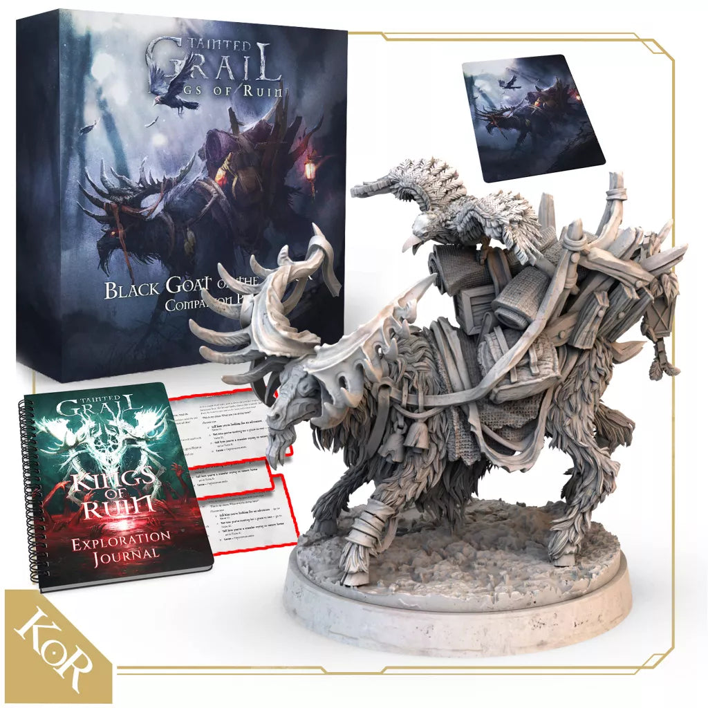 The Tainted Grail: Kings of Ruin Bundle by Awaken Realms includes the Black Goat of the Woods expansion with a horned beast mini, cards, journal, and decorative box—a perfect addition for any Kings of Ruin collection.