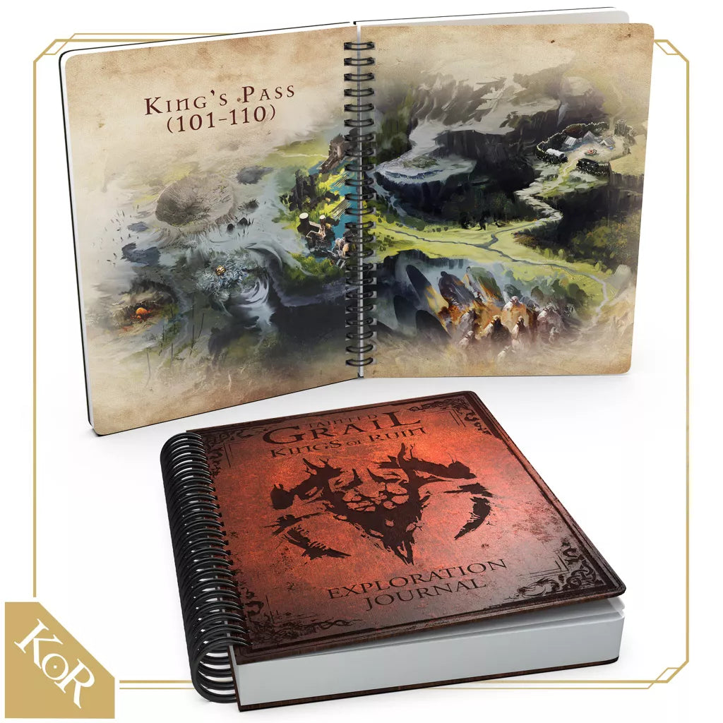 The Tainted Grail: Kings of Ruin – Deluxe Exploration Journal by Awaken Realms is shown spiral-bound with a red cover and dragon emblem. The open pages display illustrated fantasy maps labeled Kings Pass (101-110).