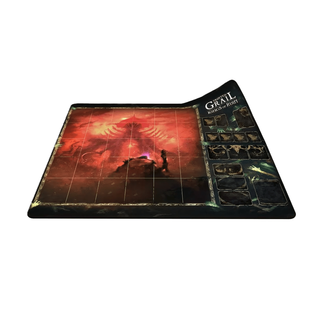The Awaken Realms Tainted Grail: Kings of Ruin – Playmat features a dark red, fantasy-themed grid with shadowy figures and mystical symbols—perfect as a game background or Location card mat.