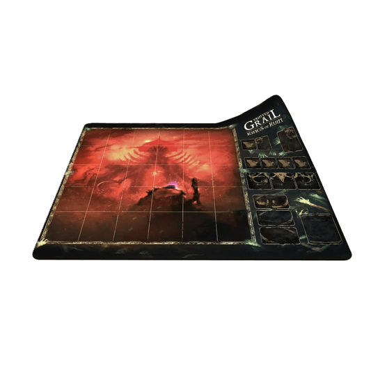 The Awaken Realms Tainted Grail: Kings of Ruin – Playmat features a dark red, fantasy-themed grid with shadowy figures and mystical symbols—perfect as a game background or Location card mat.