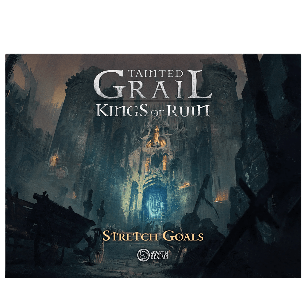Dark, atmospheric artwork for Awaken Realms' Tainted Grail: Kings of Ruin Bundle depicts a decaying medieval fortress with ruined carts and ominous architecture, evoking the haunting world of the board game.