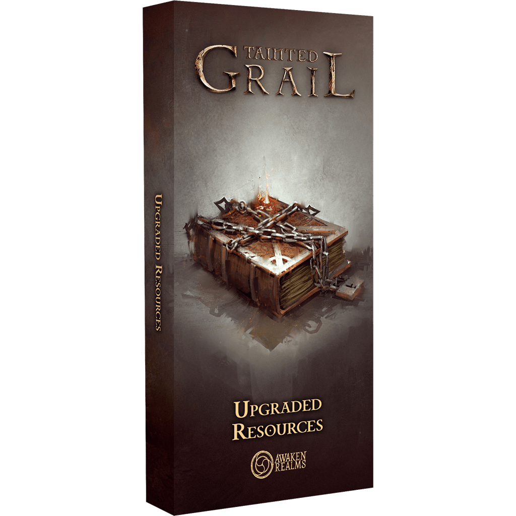 A rectangular box for Tainted Grail: Kings of Ruin Bundle by Awaken Realms, featuring detailed resource items atop a book with the game’s logo—perfect for fans or as part of your collection.