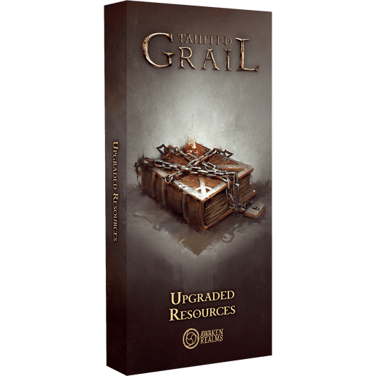 The Awaken Realms Tainted Grail: Kings of Ruin – Upgraded Resources box shows a weathered, chained book with metallic and wooden resource tokens on its cover, all set against a dark background.