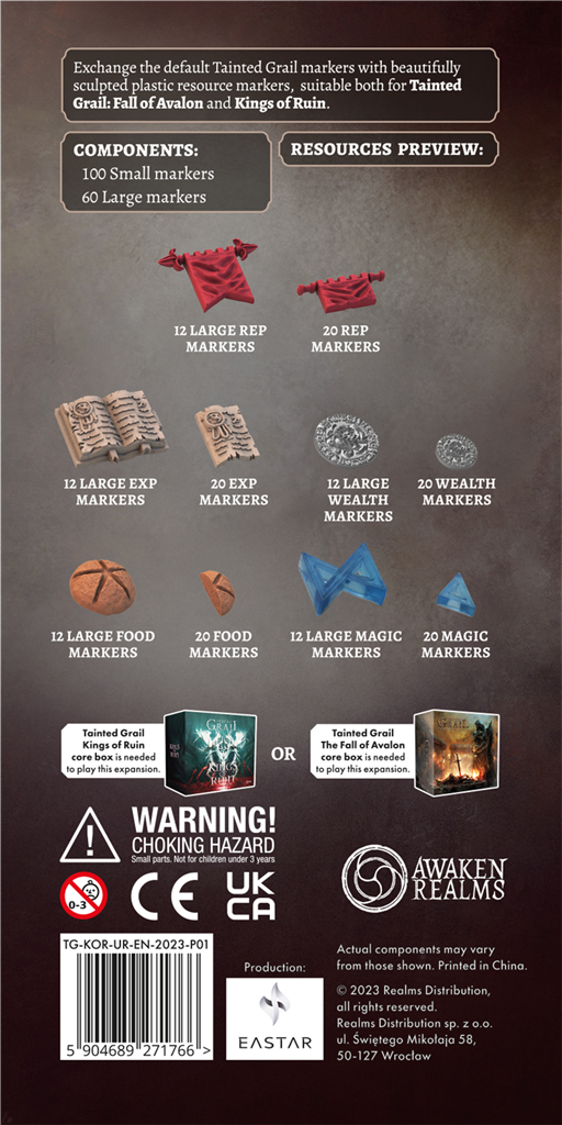 Back of the Tainted Grail: Kings of Ruin – Upgraded Resources by Awaken Realms shows images and quantities of plastic tokens, markers, magic tokens, a character tray, compatibility info, resource previews, logos, and safety warnings.