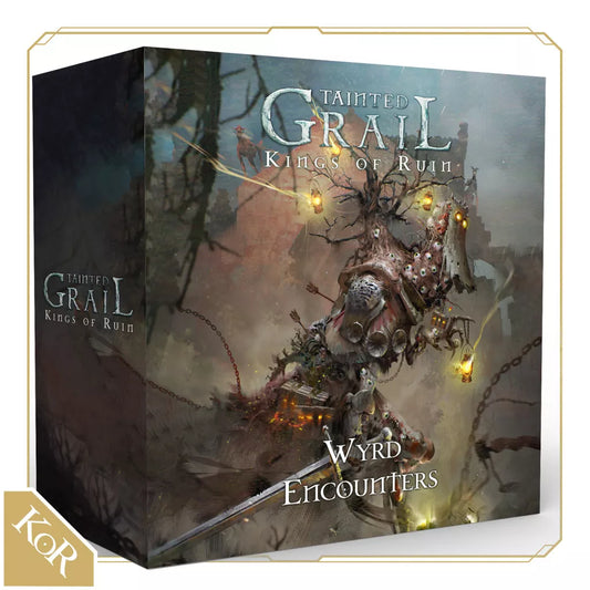 The Awaken Realms Tainted Grail: Kings of Ruin – Wyrd Encounters Expansion box features dark fantasy art of a menacing armored creature with weapons and lanterns in a misty setting, and includes detailed Guardian miniatures.