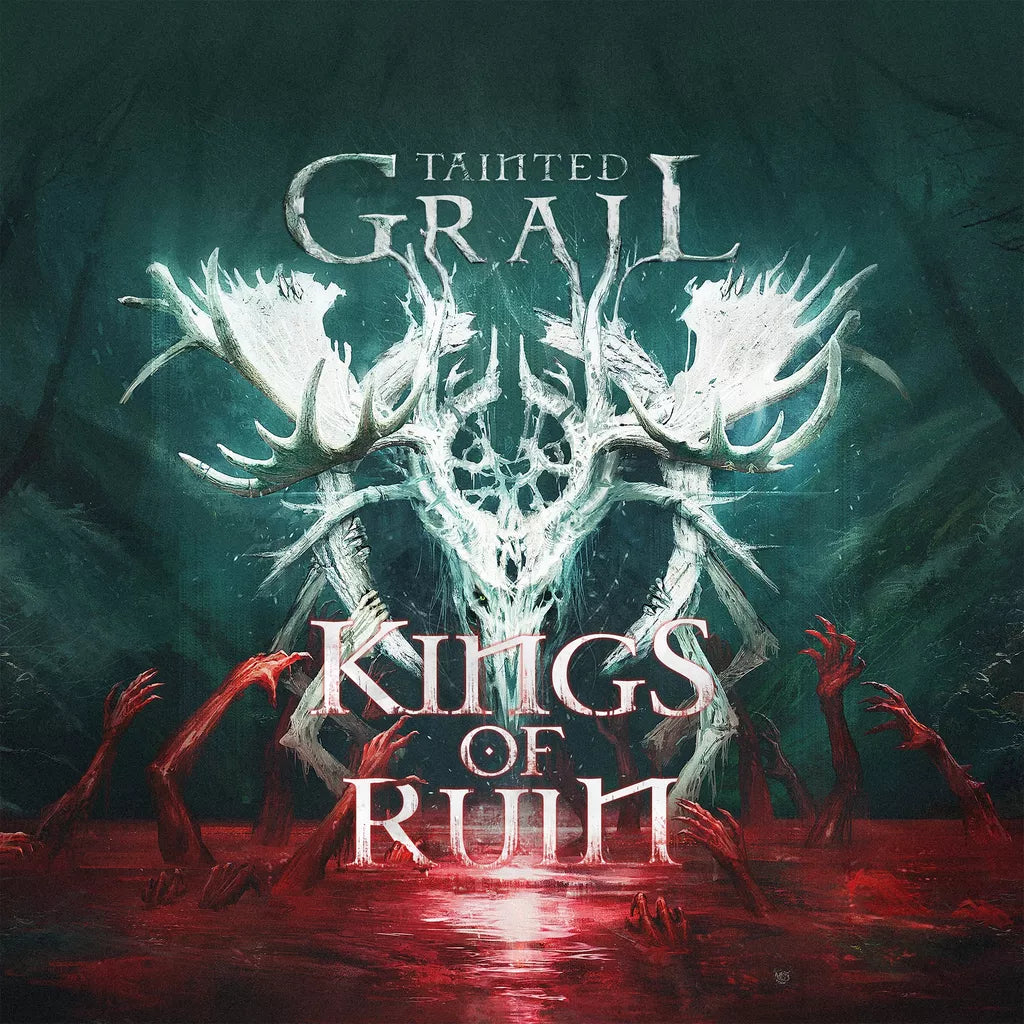 The Tainted Grail: Kings of Ruin Bundle by Awaken Realms features cover art with ghostly white antlers, eerie red hands emerging from bloody water, and a dark mystical forest. The bold title, "Tainted Grail Kings of Ruin," stands out.