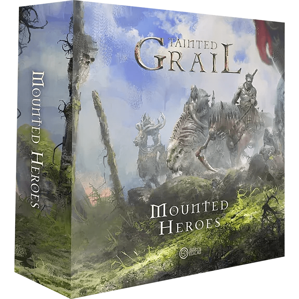 Box for Tainted Grail: Mounted Heroes Add-on by Awaken Realms, showing armored warriors on skeletal horses in a misty, fantastical landscape with moss, fog, and a dramatic sky.
