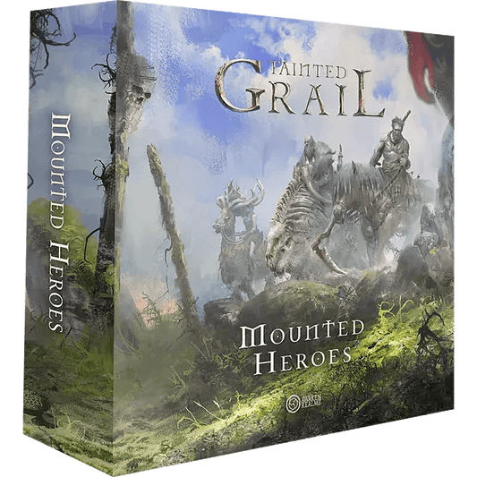 Box for Tainted Grail: Mounted Heroes Add-on by Awaken Realms, showing armored warriors on skeletal horses in a misty, fantastical landscape with moss, fog, and a dramatic sky.