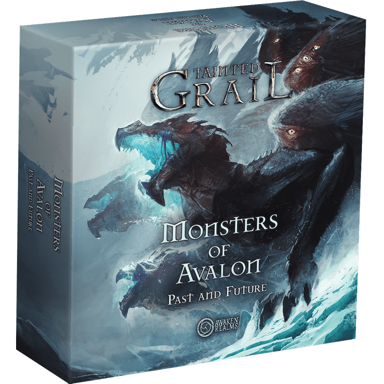 The Tainted Grail: Monsters of Avalon – Past and Future Miniature Pack game box by Awaken Realms features dark, fearsome monsters with sharp teeth and claws on a misty, icy backdrop, with the Awaken Realms logo in the bottom right corner.