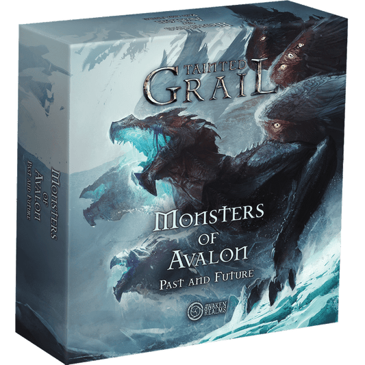 The Tainted Grail: Monsters of Avalon – Past and Future Miniature Pack game box by Awaken Realms features dark, fearsome monsters with sharp teeth and claws on a misty, icy backdrop, with the Awaken Realms logo in the bottom right corner.