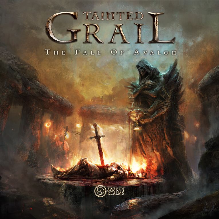 A shadowy armored figure lifts a lantern over a sword-pierced stone altar amid misty ruins, evoking Arthurian legend. The scene features the title "Tainted Grail: The Fall of Avalon" and the Awaken Realms brand logo below.