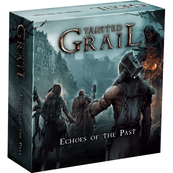 Box cover of Tainted Grail: The Fall of Avalon – Echoes of the Past Expansion by Awaken Realms shows four characters in ragged clothing approaching ancient ruins beneath a stormy sky, with the title and Legendary Action card displayed above.