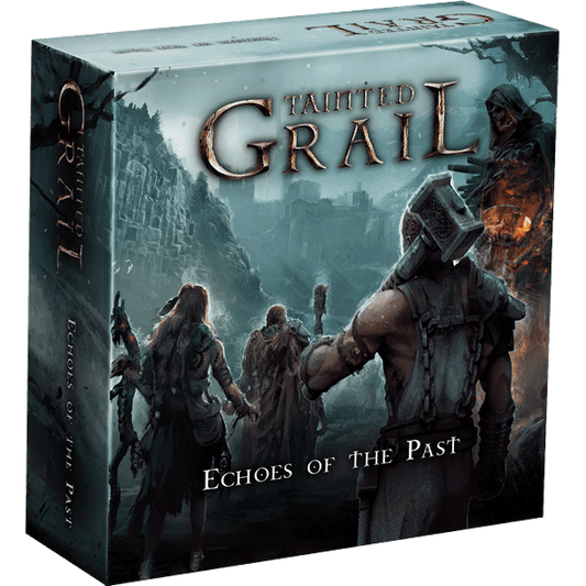 Box cover of Tainted Grail: The Fall of Avalon – Echoes of the Past Expansion by Awaken Realms shows four characters in ragged clothing approaching ancient ruins beneath a stormy sky, with the title and Legendary Action card displayed above.