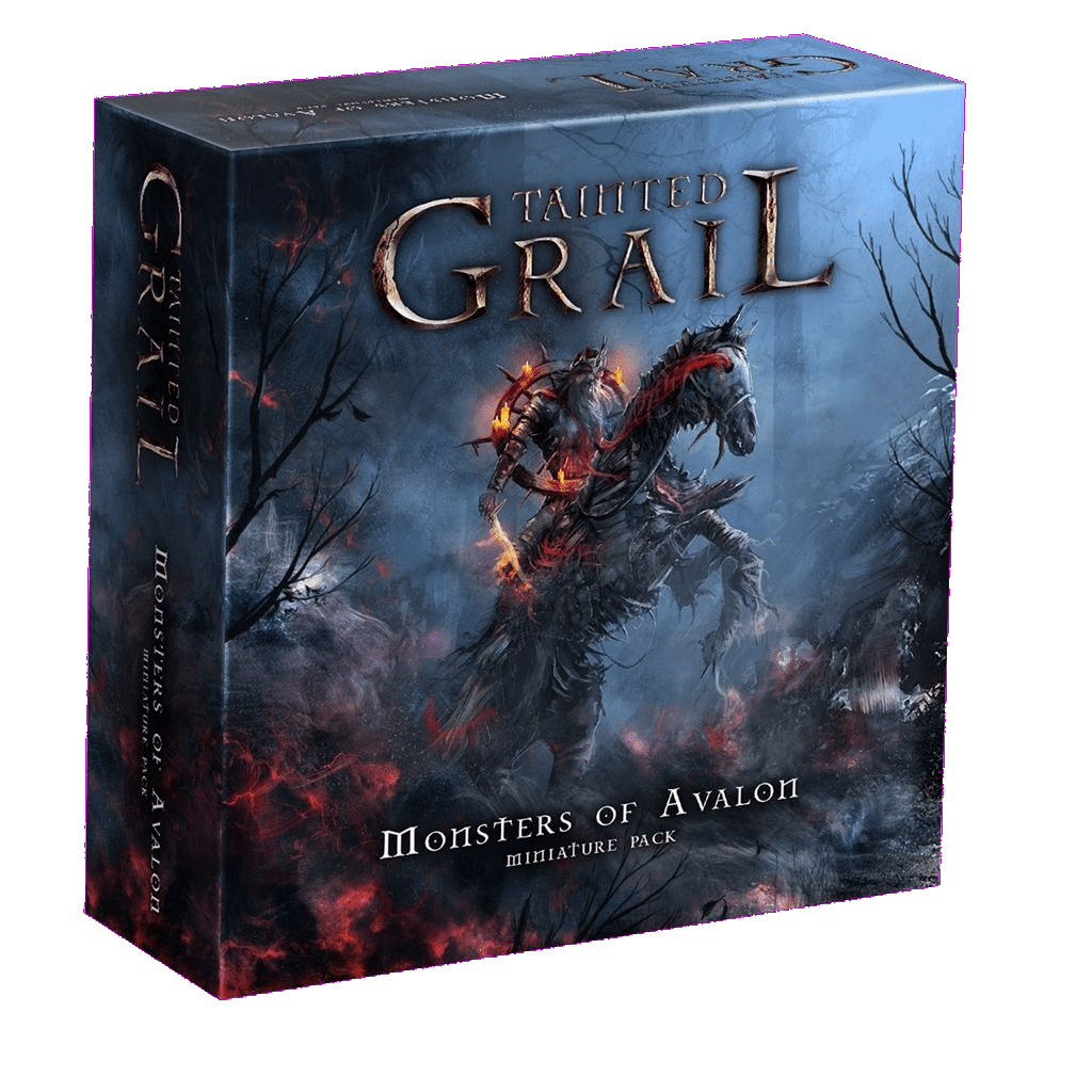 The Awaken Realms Tainted Grail: The Fall of Avalon – Monsters of Avalon Miniature Pack features dark fantasy art of a fiery, armored monster on horseback in a misty landscape and includes detailed plastic miniatures.