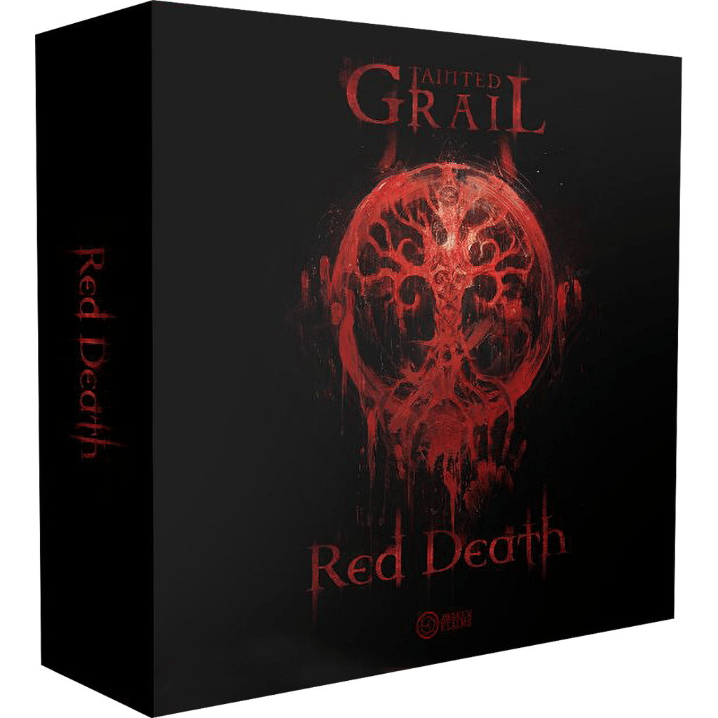 The image shows the box for Awaken Realms' Tainted Grail: The Fall of Avalon – Red Death Expansion, with a dark background, a blood-red symbol, and red title text—emphasizing this expert-level expansion.