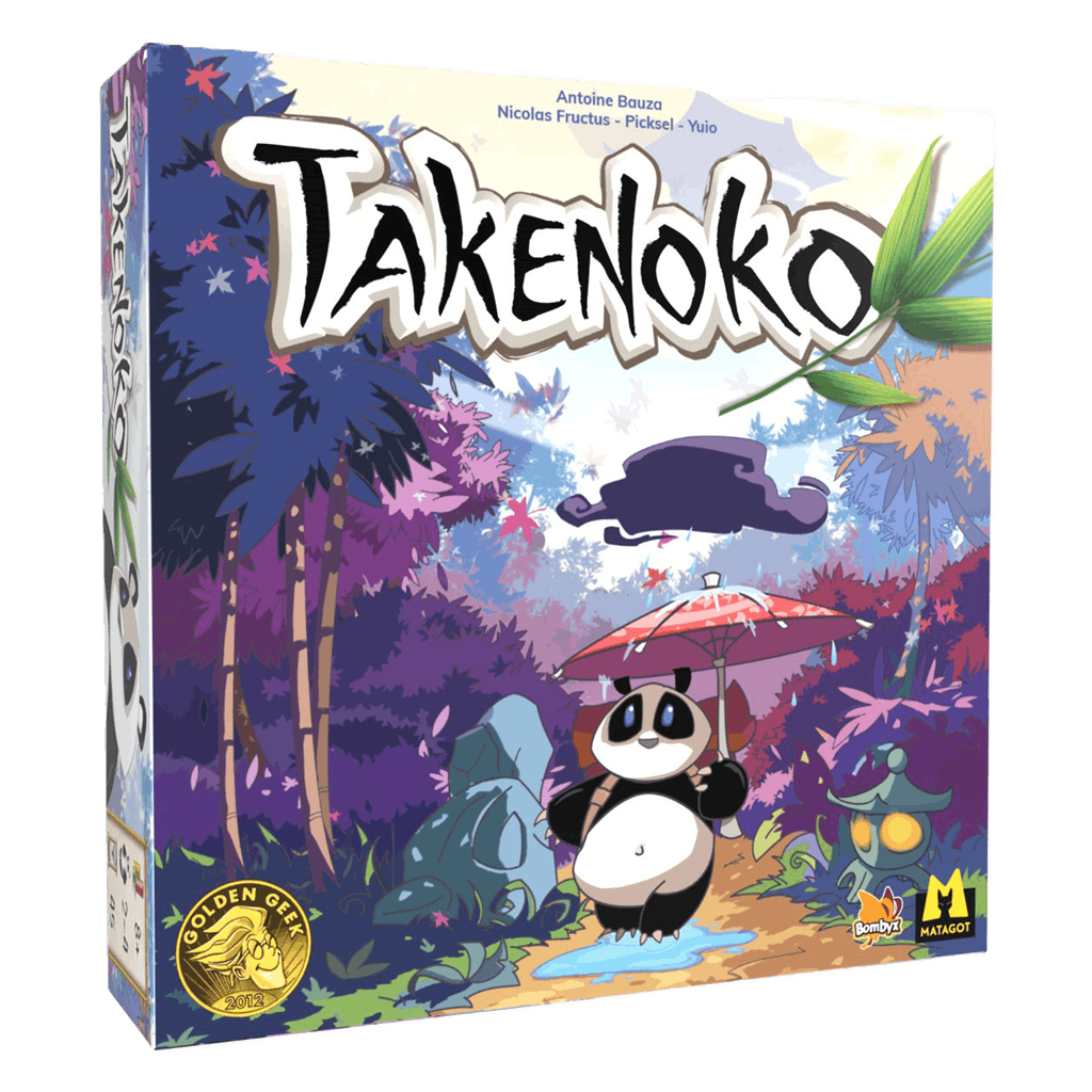 The cover of Takenoko (New Eco Edition) by Matagot features a panda with a pink umbrella in a vibrant bamboo garden, the game title in bold at the top, and award logos displayed in the corners.