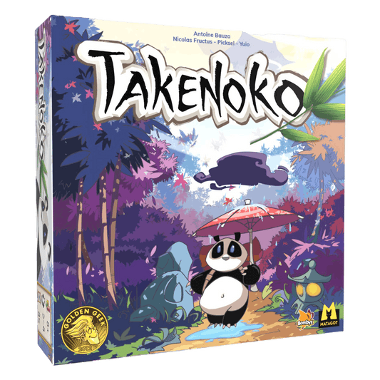 The cover of Takenoko (New Eco Edition) by Matagot features a panda with a pink umbrella in a vibrant bamboo garden, the game title in bold at the top, and award logos displayed in the corners.