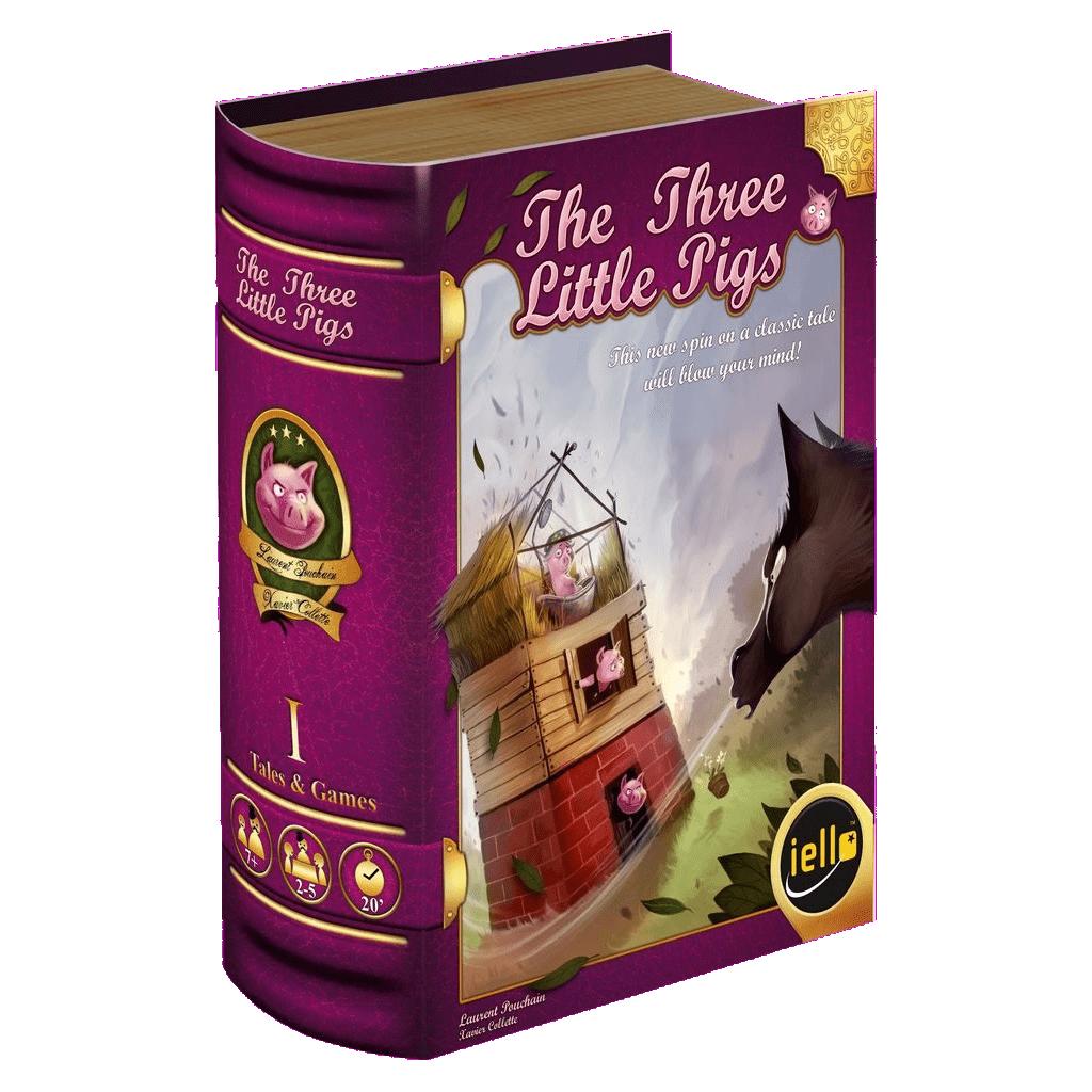 The Tales & Games: Three Little Pigs by Purple Brain is a family dice game in a charming hardcover book-shaped box, featuring an illustrated wolf blowing at straw, wood, and brick houses with pigs inside.