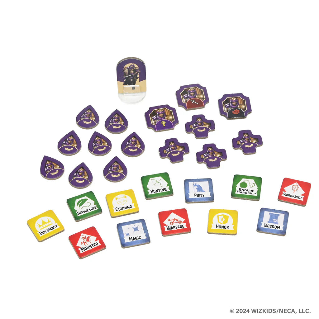 Colorful game pieces and tokens from WizKids’ Tales of the Arthurian Knights, featuring fantasy icons inspired by King Arthur and his knights, displayed in purple, yellow, green, red, and blue on a white surface.