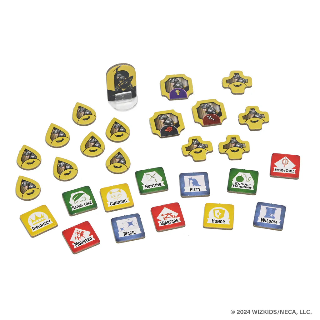 A set of small, colorful tokens and tiles from WizKids' "Tales of the Arthurian Knights," featuring skill icons like hunting, magic, warfare, honor, and wisdom—ideal for storytelling adventures about Arthurian legends.