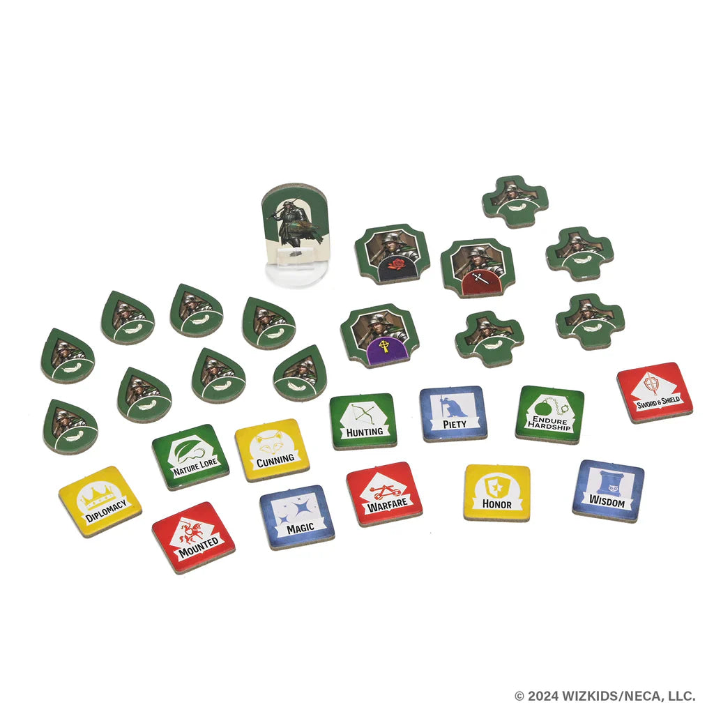 Colorful tokens and tiles from WizKids' *Tales of the Arthurian Knights* are spread out, displaying icons, words, and colors like blue, red, green, and yellow—perfect for this storytelling board game about King Arthur and his knights.