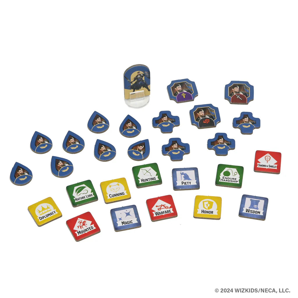 Tales of the Arthurian Knights by WizKids features colorful cardboard tokens, blue character standees, skill icons, and trait cards like Diplomacy, Magic, and Wisdom—perfect for immersive storytelling adventures.