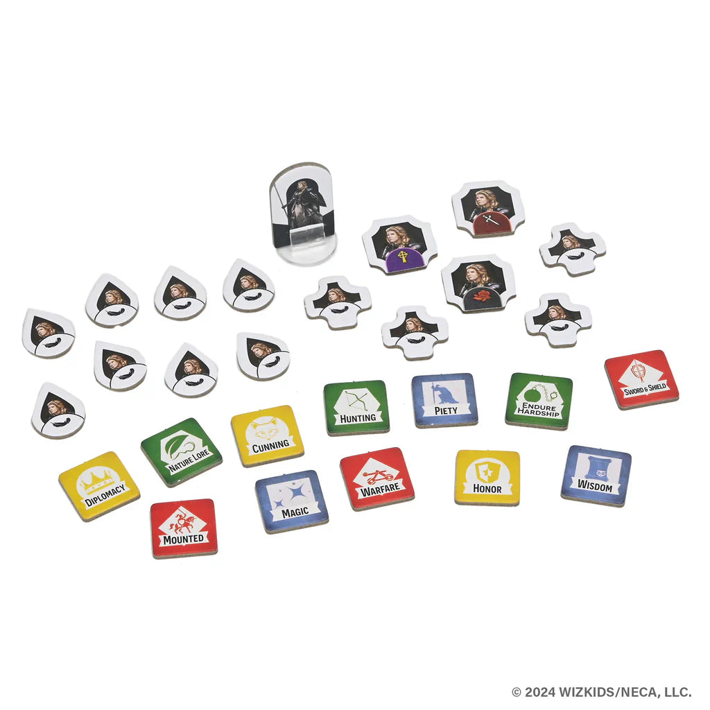 WizKids’ Tales of the Arthurian Knights offers cardboard game tokens for storytelling, featuring fantasy characters, symbols, and icons labeled Diplomacy, Magic, Wisdom, Honor, Templars, Mounted, Hunting, Piety, and Cunning.