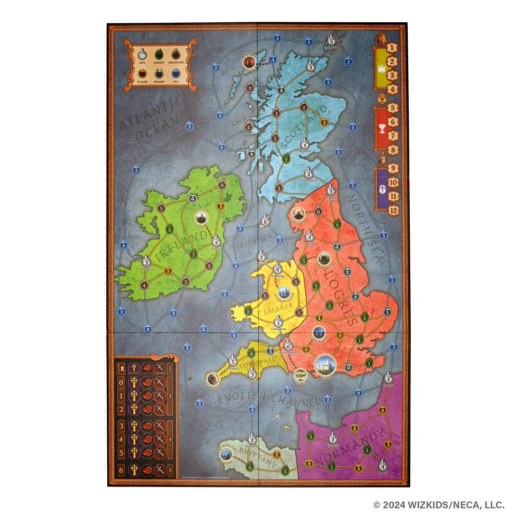 The WizKids product "Tales of the Arthurian Knights (Damaged)" features a colorful game board of the British Isles—showing labeled regions, symbols, and a score track—with Ireland, England, Scotland, and Wales inspired by Arthurian legends.