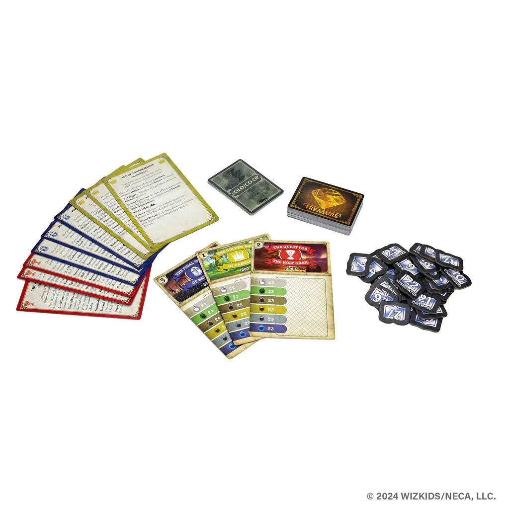 Tales of the Arthurian Knights (Damaged) by WizKids is a storytelling board game set with character cards, treasure cards, tokens, and rule sheets on a white background—ideal for fans of King Arthur’s legendary adventures.